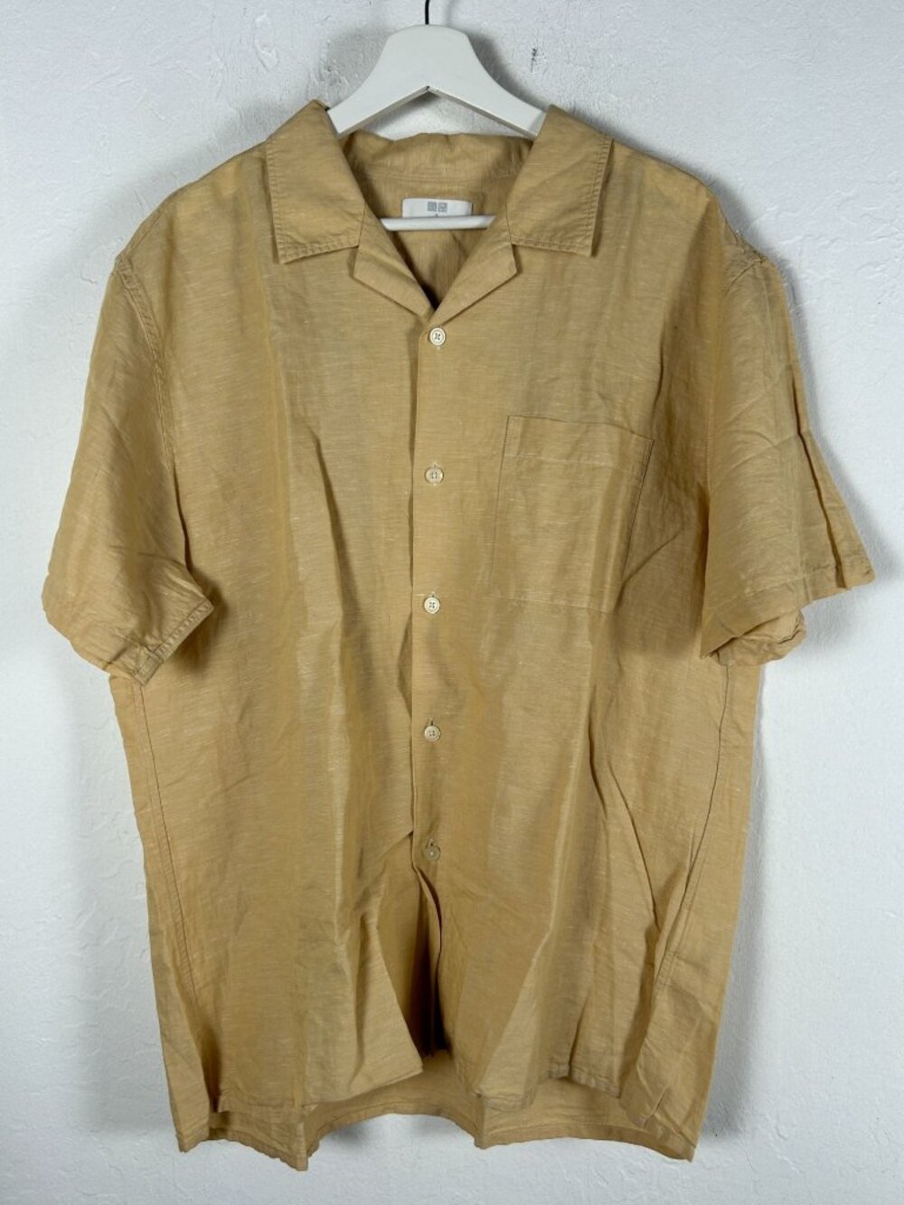 Uniqlo Mens Beige Short Sleeve Button-Up Shirt XL Linen Cotton Lightweight NWOT